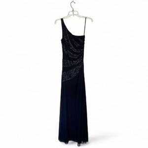 City Triangles navy beaded one shoulder maxi dress size 7 y2k prom winter formal